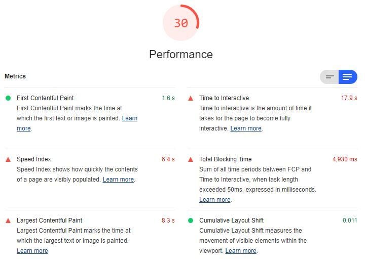 Lighthouse Performance Metrics Learn More Screenshot