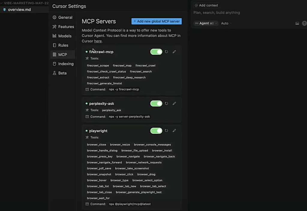 Model Context Protocol Servers is a way to offer new tools to Cursor Agent
