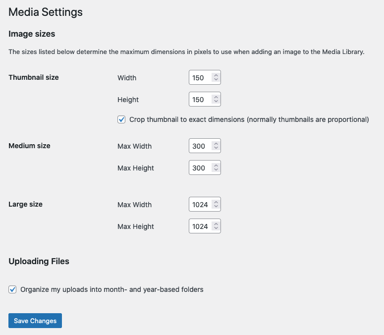 WordPress Media Settings Image Sizes