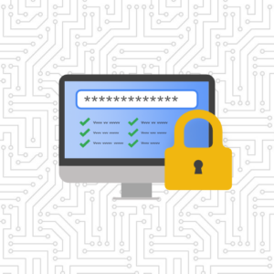 Lock icon by a desktop computer with password and checkmarks