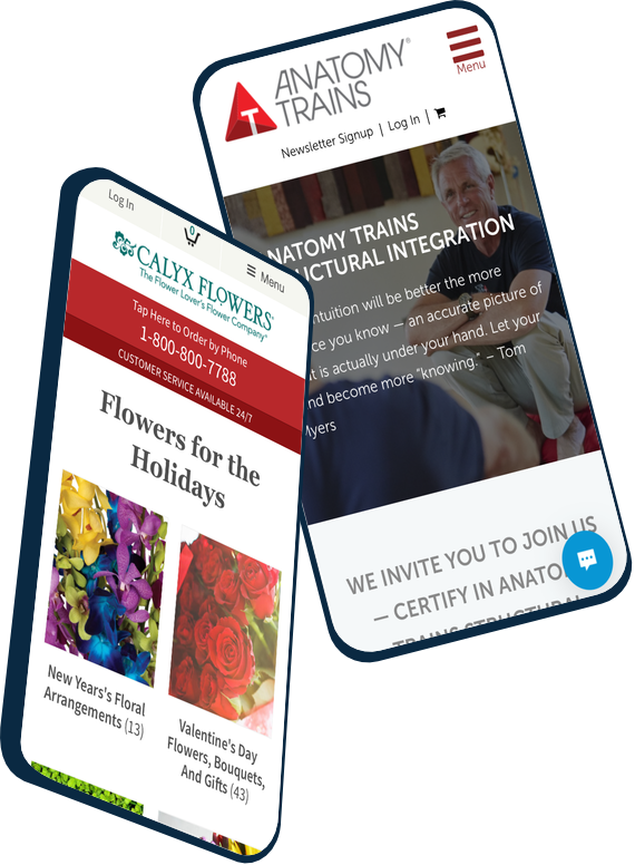 Calyx Flowers and Anatomy Trains webpage on mobile phones