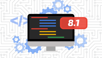Desktop with code surrounded by gears and a bubble with 8.1 in it