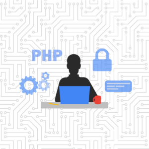 Web developer surrounded by PHP, gear, padlock, and code icons.