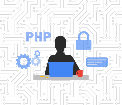 Web developer surrounded by PHP, gear, padlock, and code icons.