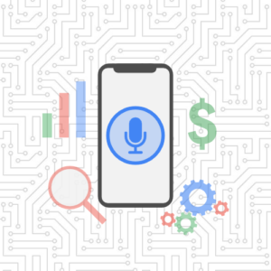 Phone with microphone on it surrounded by magnifying glass, money symbol, gears and bar graph icons