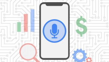 Phone with microphone on it surrounded by magnifying glass, money symbol, gears and bar graph icons