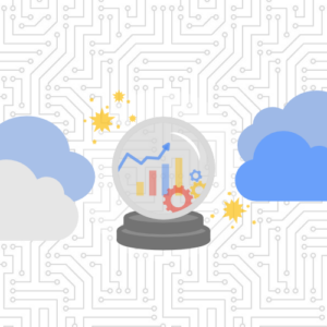 crystal ball with line graph, bar graph, and gears surrounded by clouds and stars