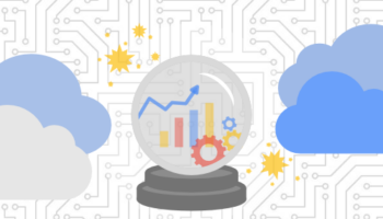 crystal ball with line graph, bar graph, and gears surrounded by clouds and stars
