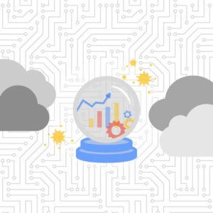 crystal ball with line graph, bar graph, and gears surrounded by clouds and stars