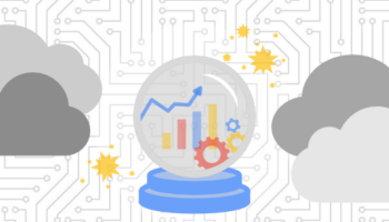 crystal ball with line graph, bar graph, and gears surrounded by clouds and stars