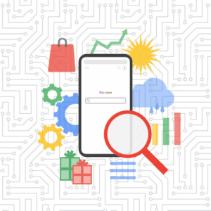 Seasonal SEO graphic with mobile phone, magnifying glass, presents, weather icons, and analytics symbols