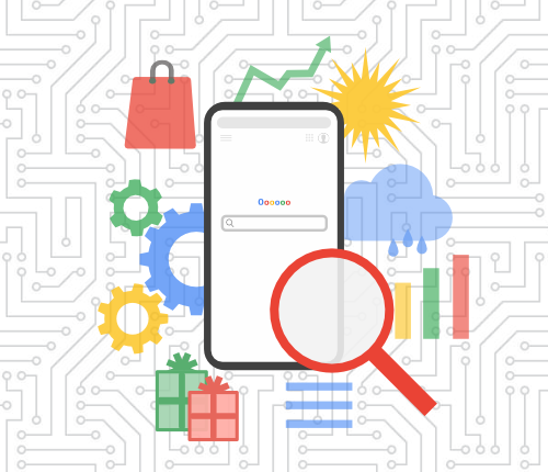 Seasonal SEO graphic with mobile phone, magnifying glass, presents, weather icons, and analytics symbols