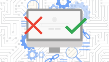 desktop with search engine surrounded by seo icons with an X and a checkmark in front