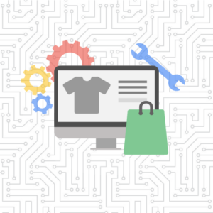 eCommerce site on desktop surrounded by shopping bag, gears, and wrench icons