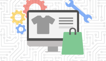 eCommerce site on desktop surrounded by shopping bag, gears, and wrench icons