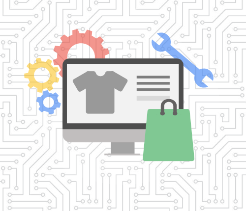eCommerce site on desktop surrounded by shopping bag, gears, and wrench icons