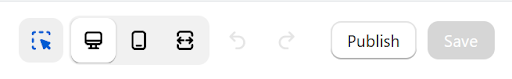 The upper right corner of the Shopify theme editor. There are buttons for desktop and mobile previews, as well as Publish and Save buttons.