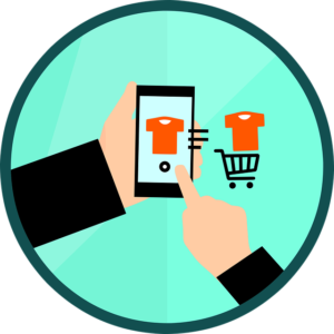 digital illustration of man on mobile phone, placing shirt in shopping cart, e-commerce illustration