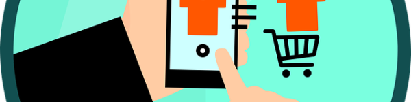 digital illustration of man on mobile phone, placing shirt in shopping cart, e-commerce illustration