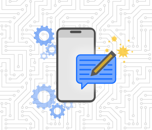 Phone with a pencil writing an SMS text message surrounded by stars and gears