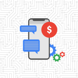 SMS marketing automation graphic with phone, text messages, dollar sign, and gear icons