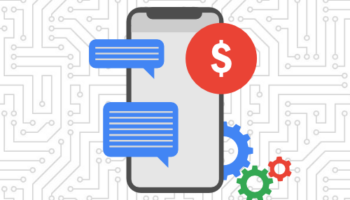 SMS marketing automation graphic with phone, text messages, dollar sign, and gear icons