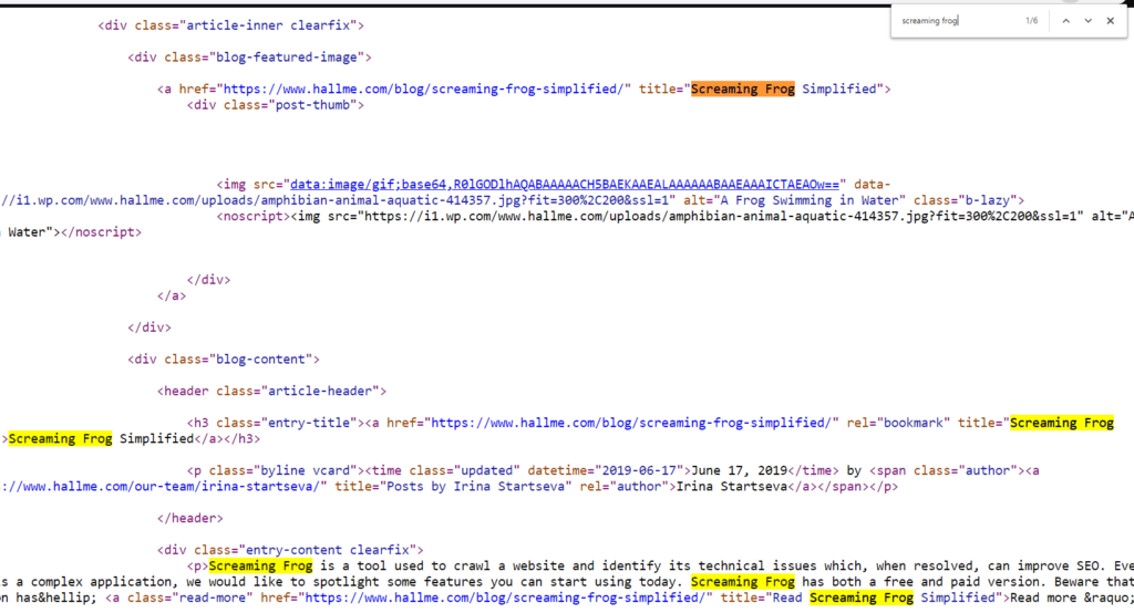 Occurrences of "screaming frog" in the source code of a URL from hallme.com.