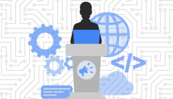 Developer on laptop at podium surrounded by icons