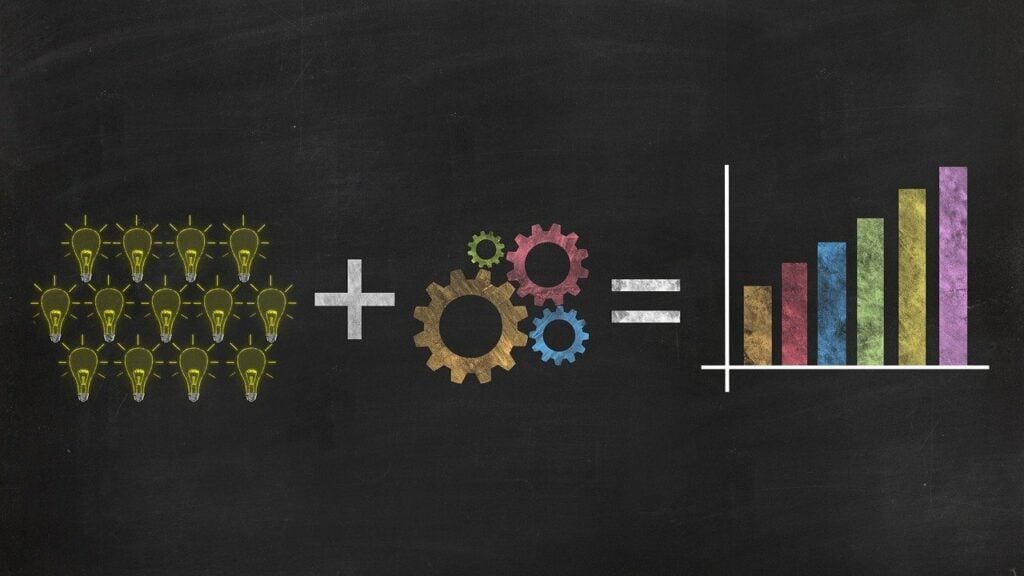 Using Data Analytics for growth, lightbulbs plus gears equals bar graph