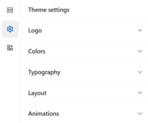 A glimpse of the theme settings, showing the sections Logo, Colors, Typography, Layout, and Animations