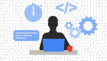 Web Developer at desk with code, gear, and stopwatch icons in background