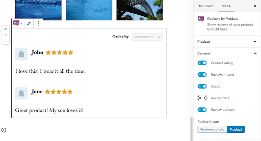 WooCommerce Reviews by Product Gutenberg block admin interface