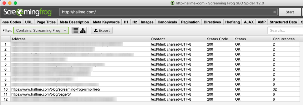 URL occurrences listed from the site crawl.