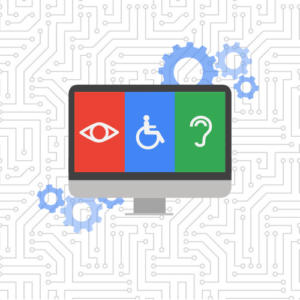 Website accessibility icons on a desktop surrounded by gears