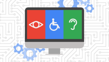 Website accessibility icons on a desktop surrounded by gears