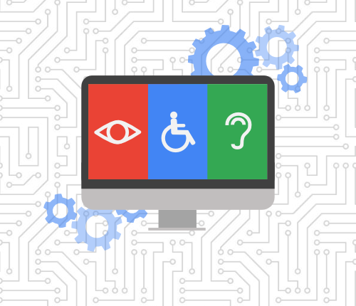 Website accessibility icons on a desktop surrounded by gears