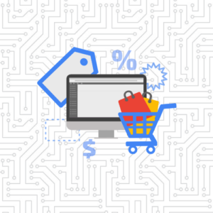 Desktop computer surrounded by shopping cart, shopping tag, and sale and coupon icons