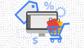 Desktop computer surrounded by shopping cart, shopping tag, and sale and coupon icons