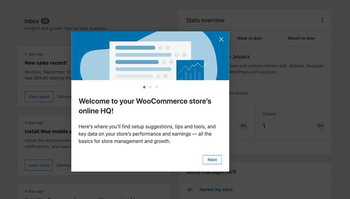 WooCommerce welcome screen modal