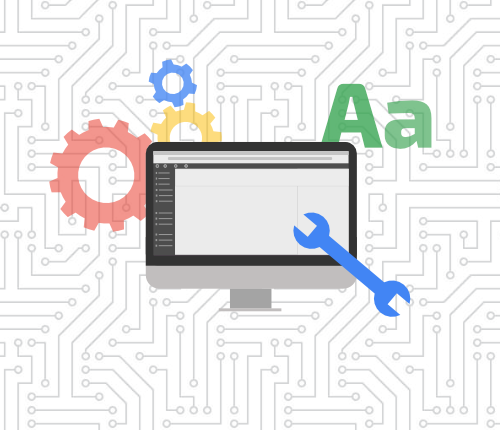 WordPress desktop surrounded by gears, wrench, and font icons