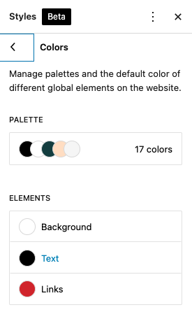 WordPress Global Styles color controls screenshot