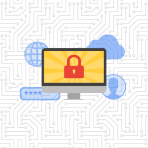 website security graphic with desktop computer and lock, cloud, user, password, and globe symbols