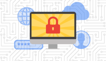 website security graphic with desktop computer and lock, cloud, user, password, and globe symbols