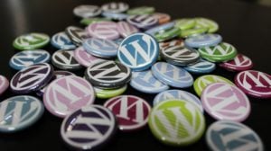 colorful WordPress logo buttons spread out on a table.