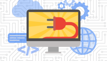 WordPress plugin graphic of desktop computer with plug on screen surrounded by web development icons
