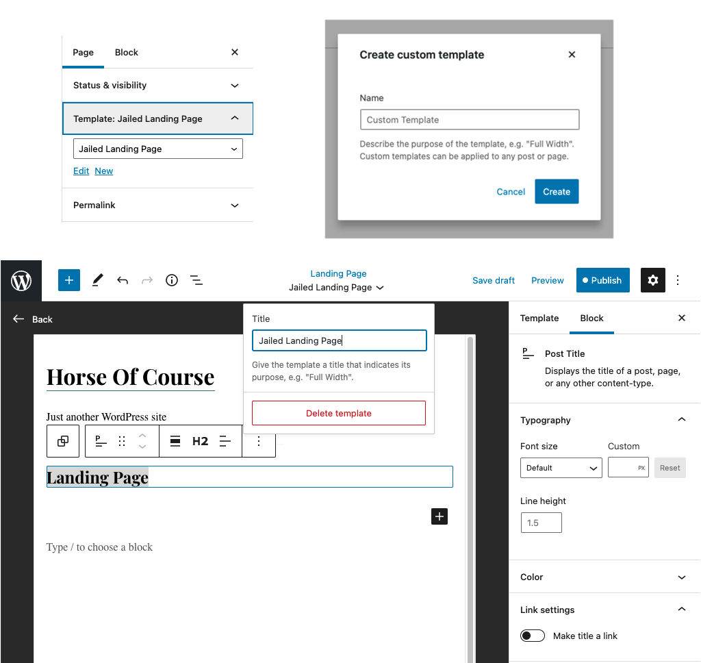 WordPress template editing mode