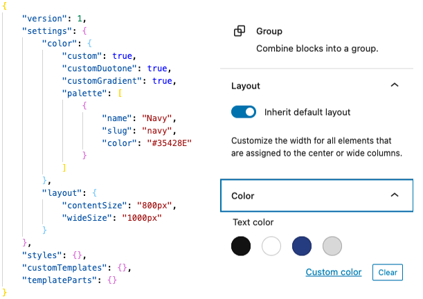 WordPress theme json config